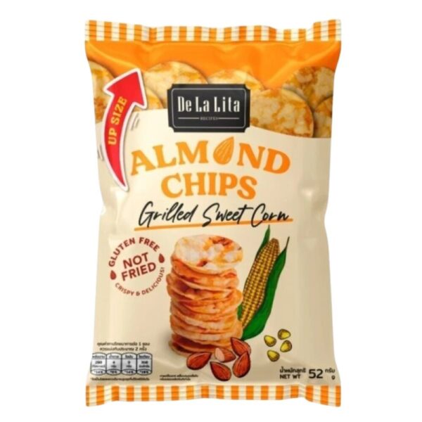 [1 ซองใหญ่] ALMOND CHIPS 52 กรัม ขนมอบกรอบอร่อย แคลต่ํา ไม่ทอด เจ วีแกน De La Lita เดอลาลิต้า อัลมอนด์ชิปส์ ขนมคลีน GRILLED SWEET CORN,1 ซอง