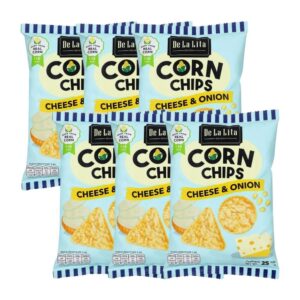 makro-snack-2076 CORN CHIPS 25 กรัม ขนมอบกรอบอร่อย แคลต่ํา ไม่ทอด ทําจากข้าวโพด 100% De La Lita เดอลาลิต้า คอร์นชิปส์ ขนมคลีน Cheese & Onion 6
