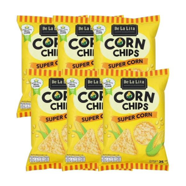 CORN CHIPS 25 กรัม ขนมอบกรอบอร่อย แคลต่ํา ไม่ทอด ทําจากข้าวโพด 100% De La Lita เดอลาลิต้า คอร์นชิปส์ ขนมคลีน Super Corn 6 ซอง