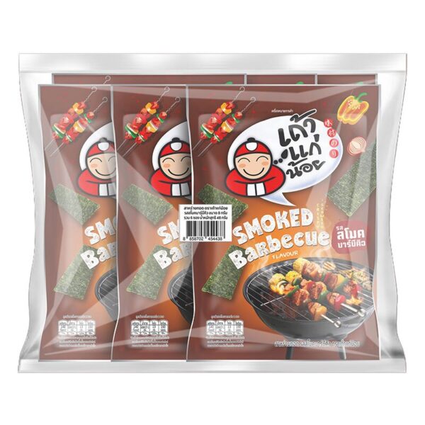 makro-snack-2125 เถ้าแก่น้อย สาหร่ายทอด รสสโมคบาร์บีคิว 8 ก. x 6
