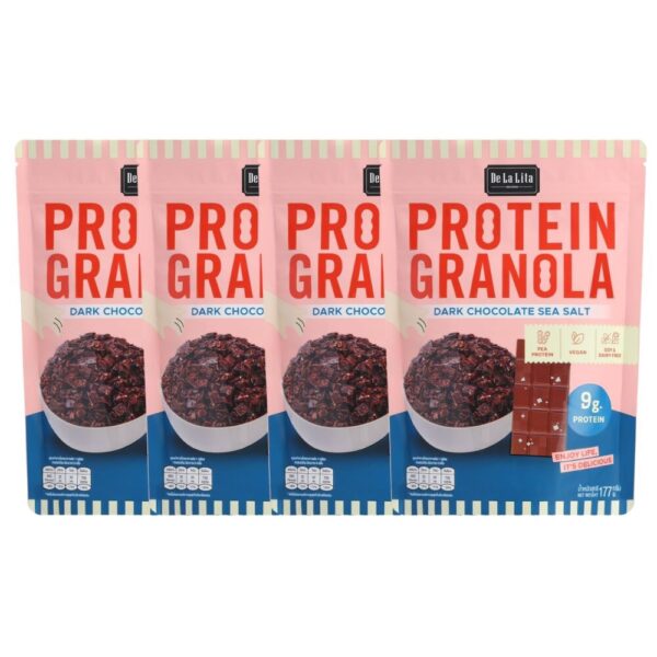 [ซองใหญ่] PROTEIN GRANOLA 177 กรัม ธัญพืชอบกรอบรสดาร์กช็อคโกแลตและรสถั่วน้ําผึ้ง De La Lita เดอลาลิต้า โปรตีนกราโนล่า DARK CHOC SEA SALT,4 ซอง