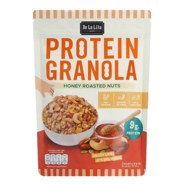[ซองใหญ่] PROTEIN GRANOLA 177 กรัม ธัญพืชอบกรอบรสดาร์กช็อคโกแลตและรสถั่วน้ําผึ้ง De La Lita เดอลาลิต้า โปรตีนกราโนล่า HONEY ROASTED NUT,1 ซอง