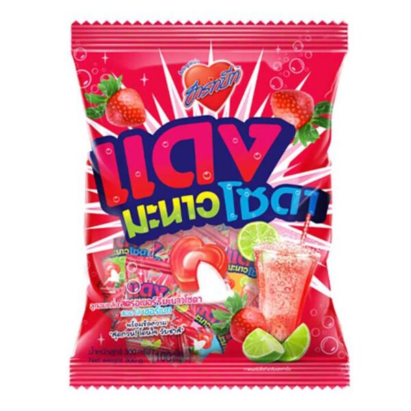 makro-snack-2202 ฮาร์ทบีท ลูกอม กลิ่นแดงมะนาวโซดา สอดไส้เชอร์เบท 100 เม็ด
