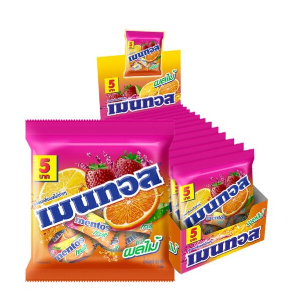 makro-snack-2250 เมนทอส มินิ ลูกอมแบบถุง รสผลไม้ 18.9 ก. x 12
