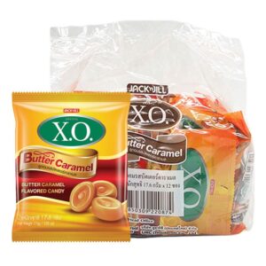 makro-snack-2253 เอ็กซ์โอ ลูกอม รสบัตเตอร์คาราเมล 17.6 ก. x 12