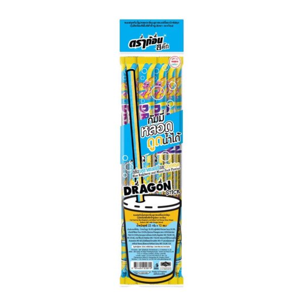 makro-snack-2260 ดราก้อน กัมมี่สติ๊ก รสบลูเบอรี่+มิกซ์ฟรุต 22 ก. 12 ชิ้น