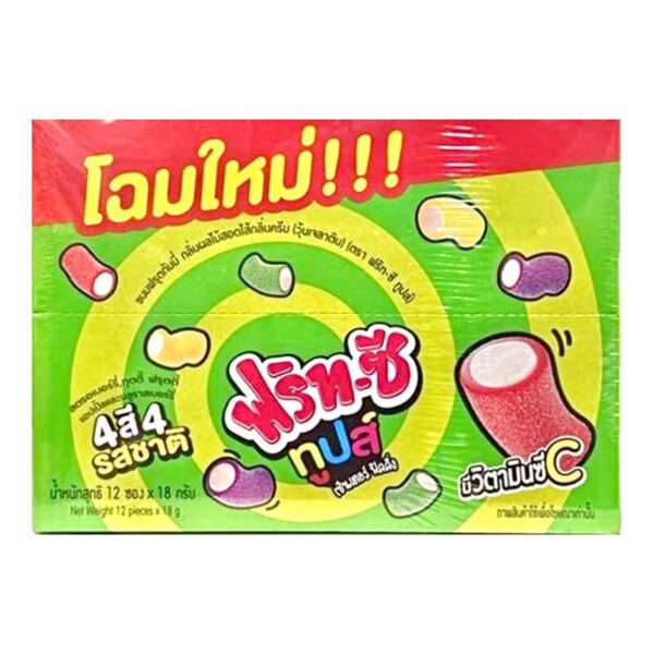 makro-snack-2283 ฟริทซีทูปส์ ขนมฟรุตกัมมี่ กลิ่นผลไม้สอดไส้กลิ่นครีม 18 ก. x 12
