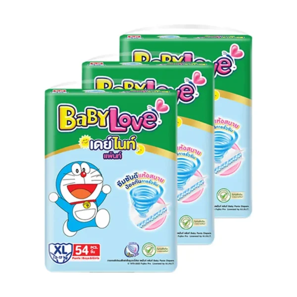 เบบี้เลิฟ เดย์ไนท์แพ้นท์ กางเกงผ้าอ้อมเด็ก ไซส์ XL 54 ชิ้น x 3 (รวม 162 ชิ้น)