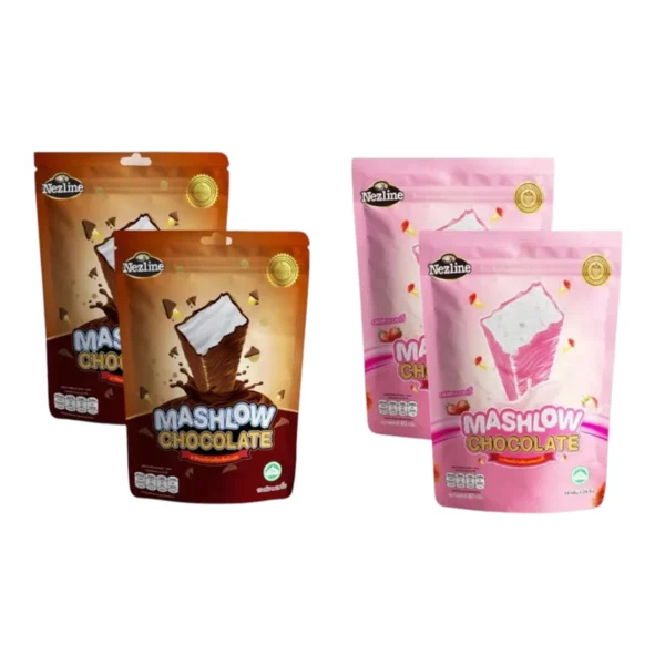 [ โปร 3 แถม 1 ] MASHLOW มาร์ชโล่ 80g  ช็อกโกแลตเคลือบมาร์ชเมลโล่แท่ง 2 รสชาติ ช็อกโกแลต สตรอว์เบอร์รี มาร์ชเมลโล่ ช็อก 2 + สตรอว์ 2