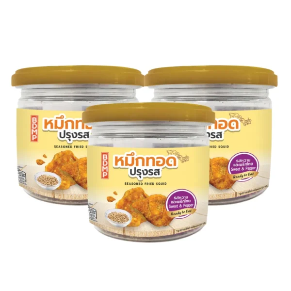 canned-packaged-0101 BDMP หมึกทอดปรุงรส (ปรุงรส) น้ําหนัก 30 กรัม รสหวาน&พริกไทย 3 กระปุก