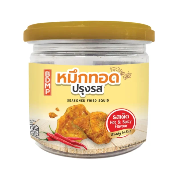 canned-packaged-0102 BDMP หมึกทอดปรุงรส (ปรุงรส) น้ําหนัก 30 กรัม รสเผ็ด 1 กระปุก