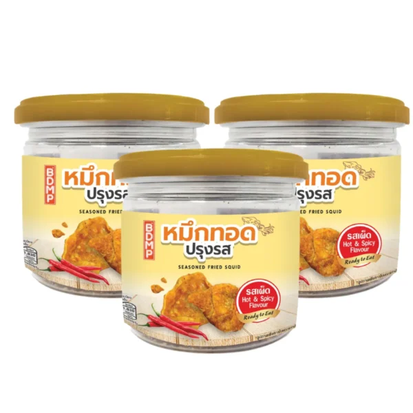 canned-packaged-0103 BDMP หมึกทอดปรุงรส (ปรุงรส) น้ําหนัก 30 กรัม รสเผ็ด 3 กระปุก