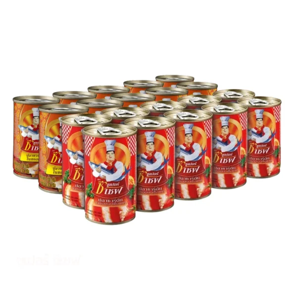 canned-packaged-0170 ซูเปอร์ ซี เชฟ ปลากระป๋อง ซาดีนในซอสมะเขือเทศ และ ซาดีนในซอสเผ็ด 155 ก. x 20