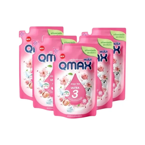 (แพ็ค 5 ถุง)(ร้านนี้ส่งไว) Qmax ผลิตภัณฑ์ล้างจาน ซากุระโรส อัลตร้าคลีน 3 สูตรเข้มข้น ขจัดมันและกลิ่นคาว ขนาด 420 มล