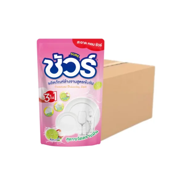 ชัวร์ น้ํายาล้างจาน กลิ่นลิ้นจี่มะนาว สีชมพู 450มิลลิลิตร*24ถุง