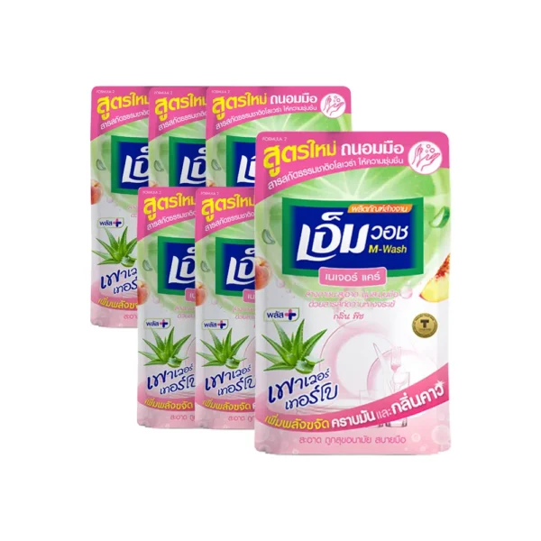 น้ํายาล้างจานเอ็มวอช (M-WASH) สูตรใหม่ เนเจอร์ แคร์ (กลิ่นพีช) ขนาด 440 CC. ( 6 ถุง )