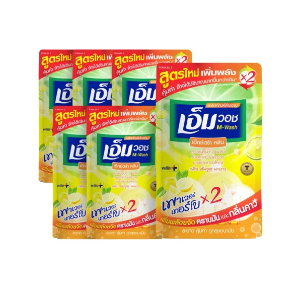น้ํายาล้างจานเอ็มวอช (M-WASH) สูตรใหม่ เอ็กซ์ตร้า คลีน (กลิ่นส้มยูสุ มะนาว) ขนาด 440 CC. ( 6 ถุง )