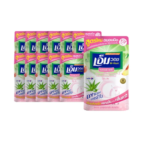 น้ํายาล้างจานเอ็มวอช (M-WASH) สูตรใหม่ เนเจอร์ แคร์ (กลิ่นพีช) ขนาด 440 CC. ( 12 ถุง )