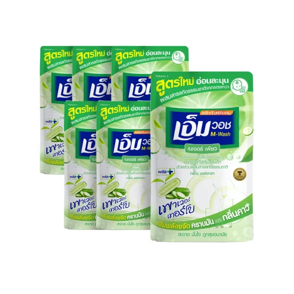 น้ํายาล้างจานเอ็มวอช (M-WASH) สูตรใหม่ เนเจอร์ เพียว (กลิ่นแตงกวา) ขนาด 440 CC. ( 6 ถุง )
