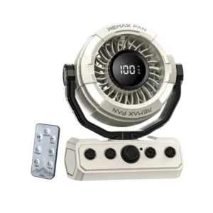 Remax Fan High-speed Camping รุ่น RS-ZF09 - พัดลมแคมป์ปิ้ง แบตอึด ปรับได้ 100 ระดับ พกพาง่าย มีไฟ LED ปรับสว่างได้ 3ระดับ สี Khaki/กากี