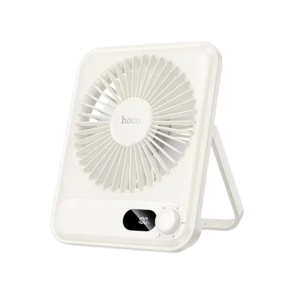 fan-0294 HOCO HX607 พัดลมตั้งโต๊ะแบบพกพา ขาตั้งพับได้ แขวนบนตะขอได้ ปุ่มควบคุมปรับระดับได้ 100 ระดับ จอแสดงผล LED HX607 สี ขาว