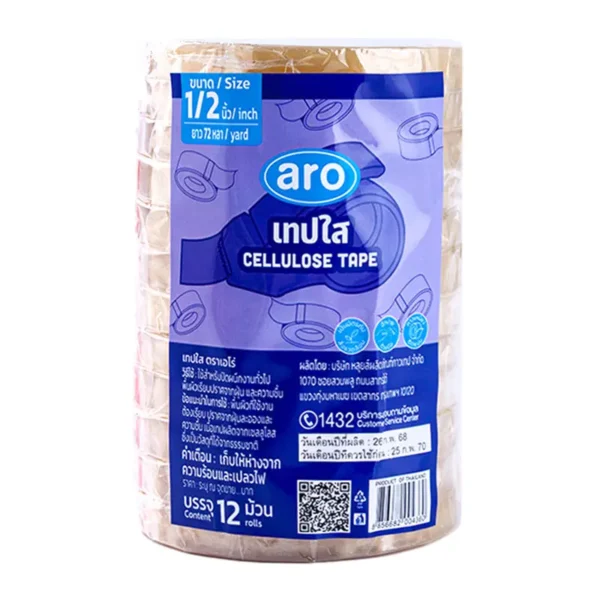 เอโร่ เทปใสเซลลูโลส 1/2 นิ้ว 72 หลา 12 ชิ้น