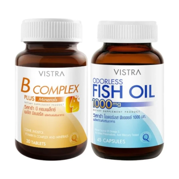 health-care-0289 วิสทร้า ผลิตภัณฑ์เสริมอาหาร บี-คอมเพล็กซ์ พลัส แร่ธาตุ 30 เม็ด + วิสตร้า โอดอร์เลส ฟิช ออยล์ 1000 มก. 45 เม็ด x 2