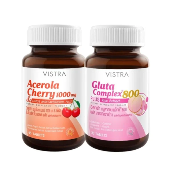 health-care-0669 วิสทร้า ผลิตภัณฑ์เสริมอาหาร เซ็ทท สกิน บิวตี้ แอเซอโรลา เชอร์รี่ 1000 มก. 45 เม็ด + กลูต้า คอมเพล็กซ์ 800 พลัส ไรซ์ เอ็กซ์แทรกท์ 30 เม็ด x 2