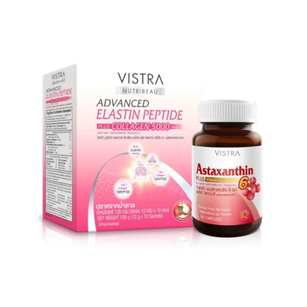 health-care-0687 วิสทร้า ผลิตภัณฑ์เสริมอาหาร นูทริบิวท์ แอดวานซ์ อีลาสติน เปปไทด์ พลัส คอลลาเจน 5000 มก. 12 ก. 10 ซอง + แอสตาแซนธิน 6 มก. พลัส วิตามินอี 30 เม็ด x 2