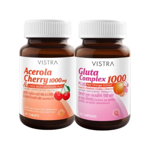 health-care-0885 วิสตร้า ผลิตภัณฑ์เสริมอาหาร เซ็ทท สกินบิวตี้ อะเซโรล่า เชอร์รี่ 1000 มก. 45 เม็ด + กลูต้า คอมเพล็กซ์ 1000 มก. พลัส เรด ออเรนจ์ 30 แคปซูล x 2