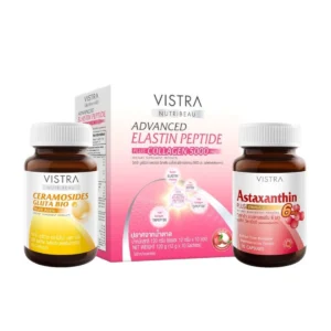 health-care-0918 วิสทร้า ผลิตภัณฑ์เสริมอาหาร เซ็ทท กลาสสกิน เซอราโมไซด์ส 30 เม็ด + อีลาสติน 1 กล่อง 10 ซอง +แอสตาแซนธิน 30 เม็ด x 3