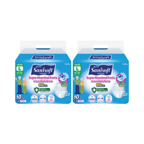 [ซื้อ1แถม1] Sanisoft / แซนนิซอฟท์ กางเกงผู้ใหญ่ซึมซับพิเศษ 850cc(ไซส์ L:34-54นิ้ว/87-137ซม.) 10s/ห่อ