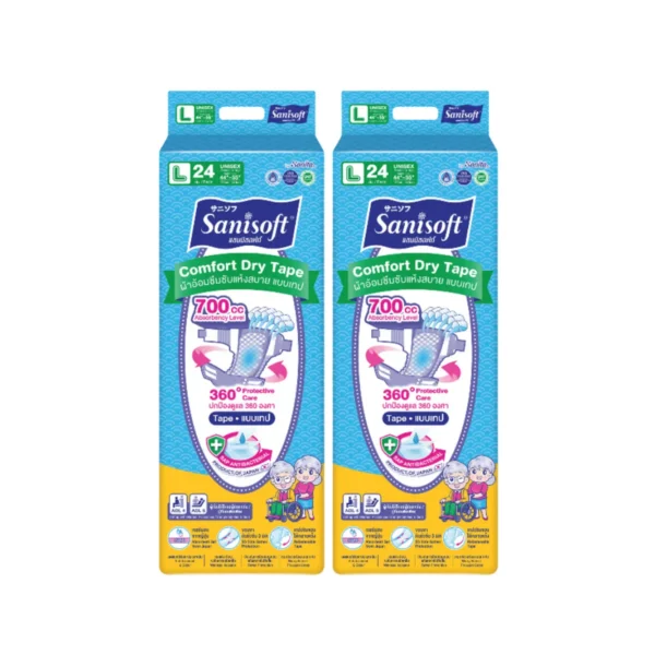 [1แถม1] Sanisoft/แซนนิซอฟท์ ผ้าอ้อมผู้ใหญ่ แบบเทป 700cc (ไซส์ L : 44-55นิ้ว/120-140ซม.) 24ชิ้น/ห่อ