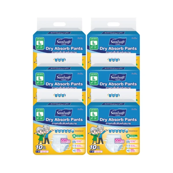 [แพ็ค X 6ห่อ] Sanisoft / แซนนิซอฟท์ กางเกงผู้ใหญ่แห้งสบาย 550cc(ไซส์ L:34-54นิ้ว/87-137ซม.) 10S /ห่อ