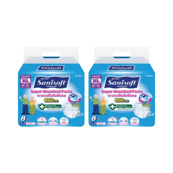 [ซื้อ1แถม1] Sanisoft/แซนนิซอฟท์ กางเกงผู้ใหญ่ซึมซับพิเศษ 850cc (ไซส์ XL:39-64นิ้ว/100-163ซม.) 8s/ห่อ