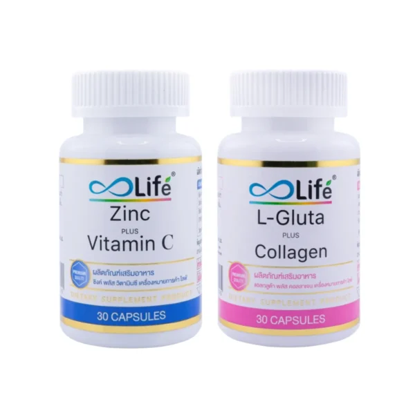 Life ชุดสิวและผิวพรรณ ไลฟ์ ซิงค์ พลัส วิตามิน ซี 1 กระปุก + ไลฟ์ แอลกลูต้า พลัส คอลลาเจน 1 กระปุก [L-ZCGU]