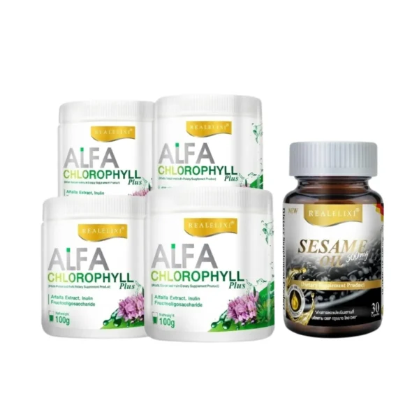 Alfa Chlorophyll Plus 4 กระปุก Black Sesame Oil 2 กระปุก (30เม็ด)