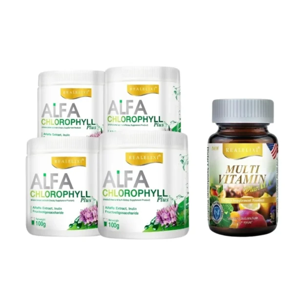 Alfa Chlorophyll Plus 4 กระปุก Multi Vitamin plus Q10 1 กระปุก (30เม็ด)