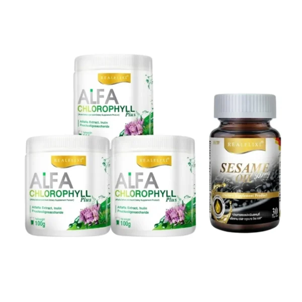 Alfa Chlorophyll Plus 3 กระปุก Black Sesame Oil 1 กระปุก (30เม็ด)