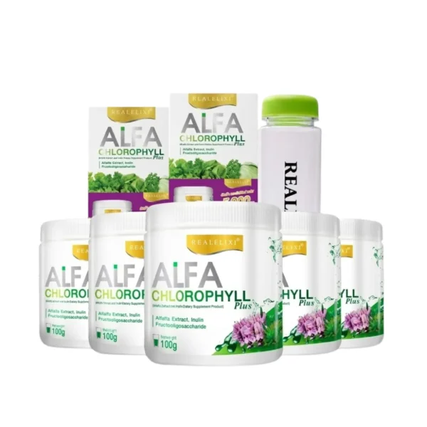Alfa Chlorophyll Plus 5 กระปุก คลอโรฟิลล์ 2 กล่องและกระบอกน้ํา 1 กระบอก