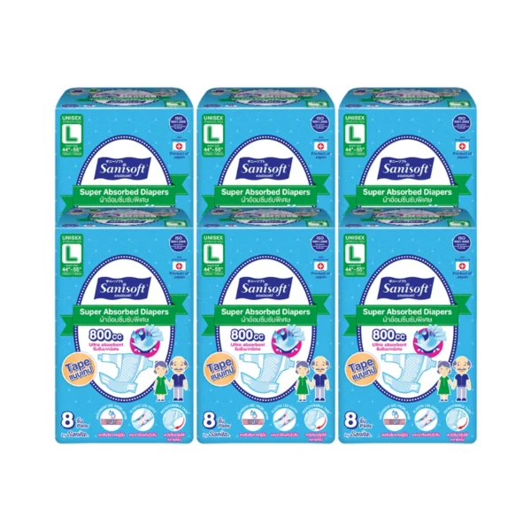 [แพ็ค X 6ห่อ] Sanisoft/แซนนิซอฟท์ ผ้าอ้อมผู้ใหญ่ แบบเทป 800cc (ไซส์ L : 44-55นิ้ว/120-140ซม.) 8S/ห่อ
