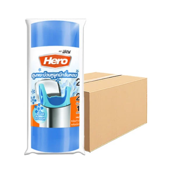 hero-trash-bags-016 ฮีโร่ ถุงขยะม้วนแบบมีหูผูก กลิ่นหอมสีฟ้า 24x28 นิ้ว x 30