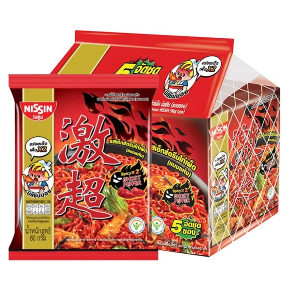 นิสชิน บะหมี่กึ่งสําเร็จรูปแบบแห้ง รสเอ็กซ์ตรีมไก่เผ็ด 60 ก. x 5