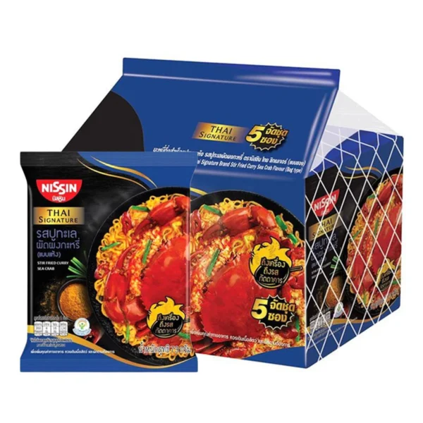 instant-meals-0114 นิสชิน ไทย ซิกเนเจอร์ บะหมี่กึ่งสําเร็จรูปแบบแห้ง รสปูทะเลผัดผงกะหรี่ 73 ก. 5 ซอง