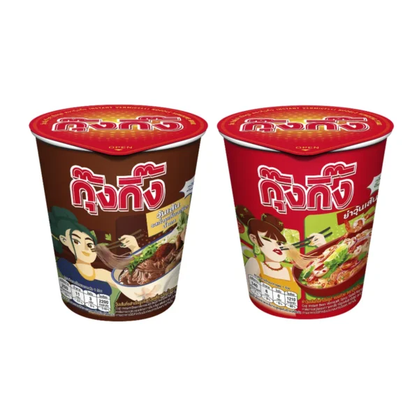 กุ๊งกิ๊ง วุ้นเส้นกึ่งสําเร็จรูป รสก๋วยเตี๋ยวเรือน้ําตก 65 ก. และ ยําวุ้นเส้น แบบถ้วย 52 ก. x 12