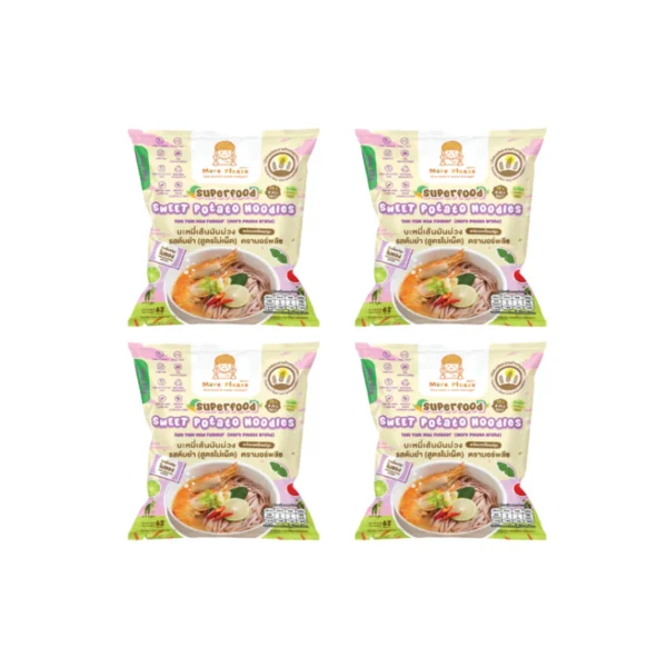 New! More Please บะหมี่มันม่วง รสต้มยําสูตรไม่เผ็ด พร้อมเครื่องปรุง ไม่มีผงชูรส โซเดียมต่ํา เด็ก 1 ขวบขึ้นไปทานได้ มันม่วงต้มยําx4