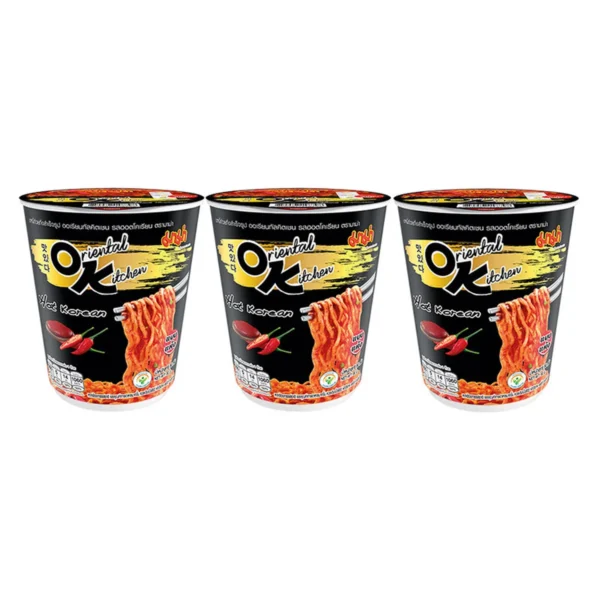 instant-meals-0444 มาม่า ออเรียนทัลคิตเชน บะหมี่กึ่ึ่งถ้วยกึ่งสําเร็จรูป รสฮอตโคเรียน 80 ก. x 3