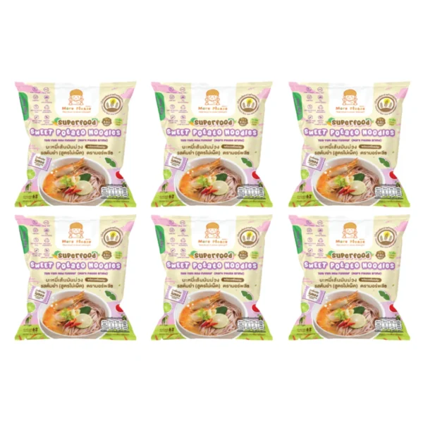 แพ็ค 6 More Please บะหมี่มันม่วง รสต้มยําสูตรไม่เผ็ด พร้อมเครื่องปรุง ไม่มีผงชูรส โซเดียมต่ํา เด็ก 1 ขวบขึ้นไปทานได้ มันม่วงต้มยํา x 6