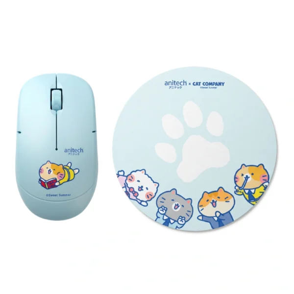 แอนิเทค เมาส์ไร้สาย+แผ่นรองเมาส์ Cat Company Cat-WMP01-BL สีฟ้า