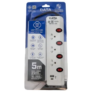 lighting-power-037 ดาต้า ปลั๊กไฟ 3 ช่อง 4 สวิตซ์ 2 USB 5 ม. 3 USB